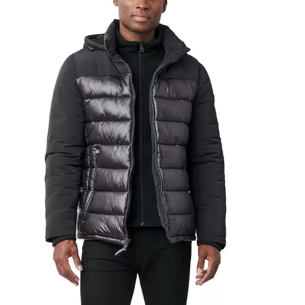 Nautica Mens Mixed Media Insulated Puffer Jacket with Fleece Bib Water and Wind ResistantBlack