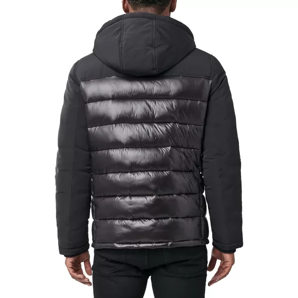 Nautica Mens Mixed Media Insulated Puffer Jacket with Fleece Bib Water and Wind ResistantBlack