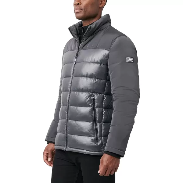 Nautica Mens Mixed Media Insulated Puffer Jacket with Fleece Bib Water and Wind ResistantCharcoal