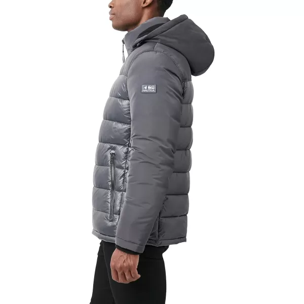 Nautica Mens Mixed Media Insulated Puffer Jacket with Fleece Bib Water and Wind ResistantCharcoal