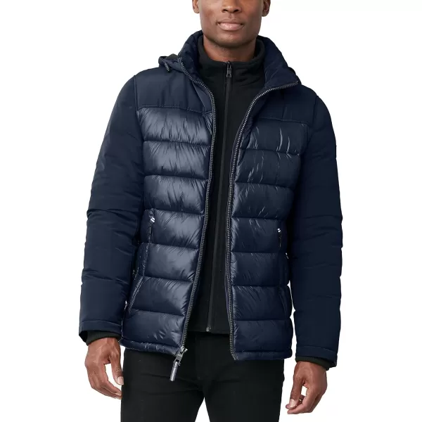 Nautica Mens Mixed Media Insulated Puffer Jacket with Fleece Bib Water and Wind ResistantNavy