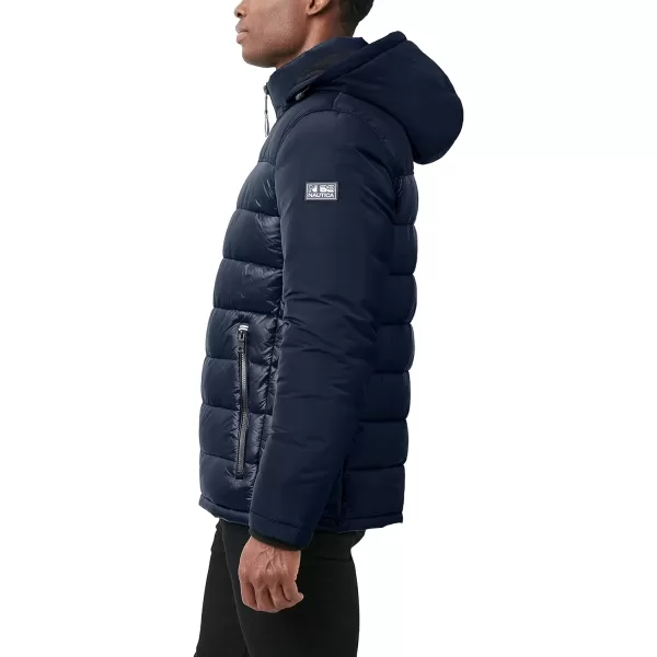 Nautica Mens Mixed Media Insulated Puffer Jacket with Fleece Bib Water and Wind ResistantNavy