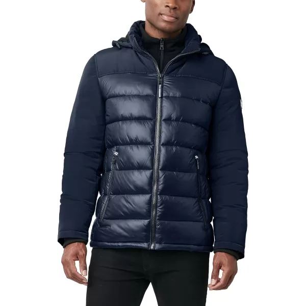Nautica Mens Mixed Media Insulated Puffer Jacket with Fleece Bib Water and Wind ResistantNavy