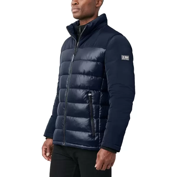 Nautica Mens Mixed Media Insulated Puffer Jacket with Fleece Bib Water and Wind ResistantNavy