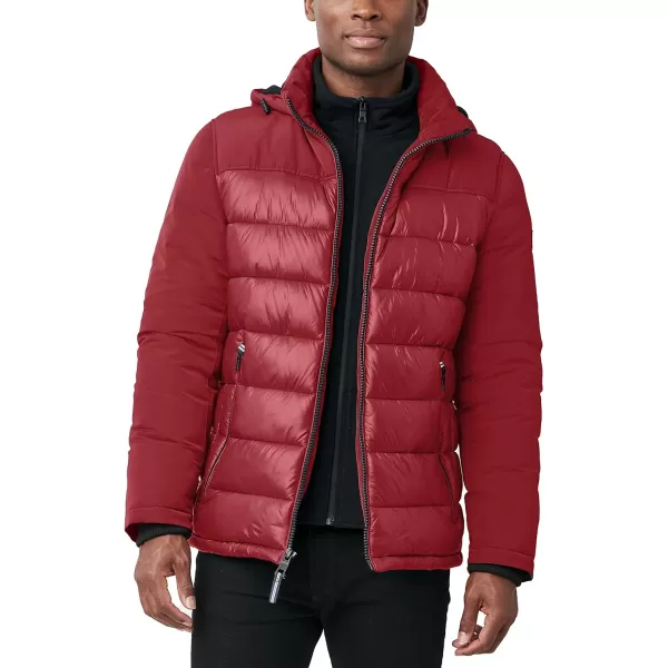 Nautica Mens Mixed Media Insulated Puffer Jacket with Fleece Bib Water and Wind ResistantRed