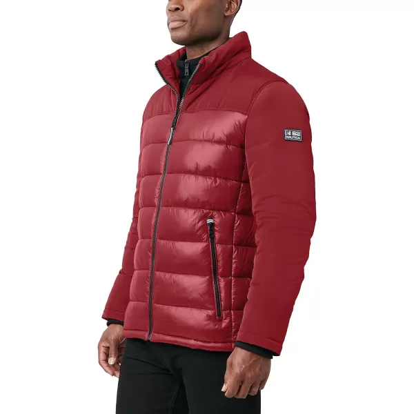 Nautica Mens Mixed Media Insulated Puffer Jacket with Fleece Bib Water and Wind ResistantRed