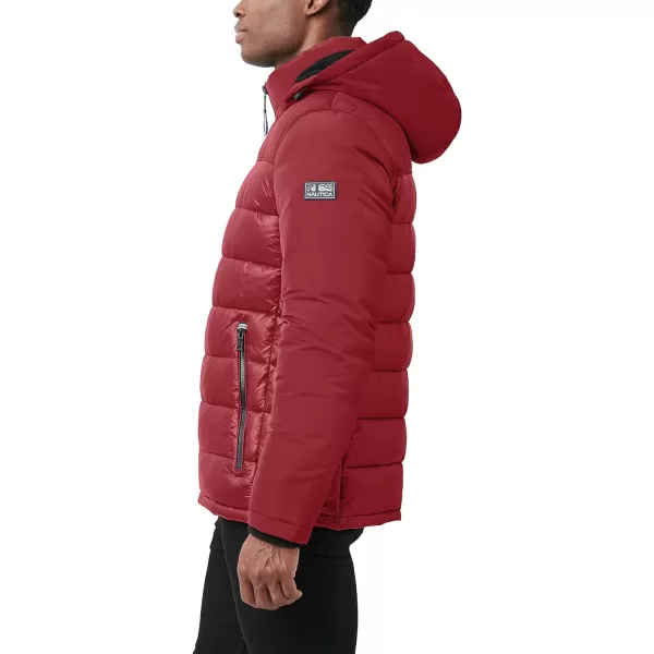 Nautica Mens Mixed Media Insulated Puffer Jacket with Fleece Bib Water and Wind ResistantRed