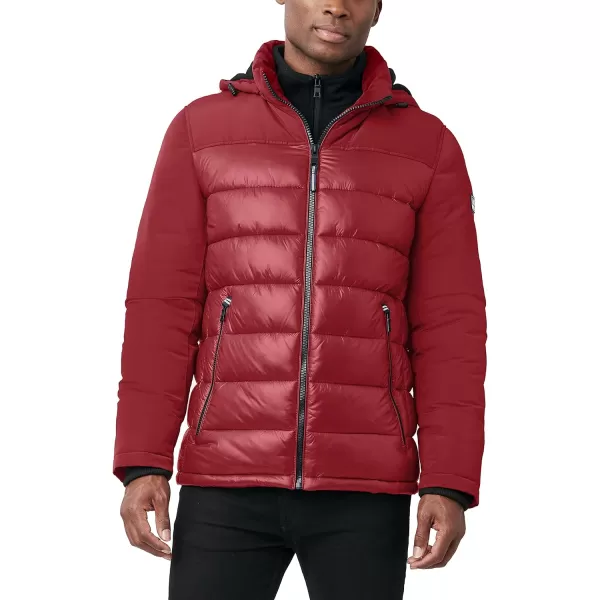 Nautica Mens Mixed Media Insulated Puffer Jacket with Fleece Bib Water and Wind ResistantRed