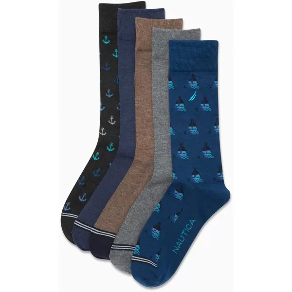 Nautica Mens Moisture Wicking Dress Socks with Stay Up Cuff 5 PackBlueGrey