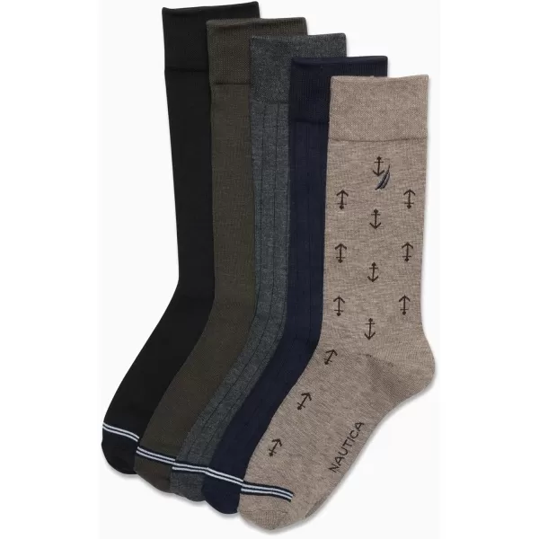 Nautica Mens Moisture Wicking Dress Socks with Stay Up Cuff 5 PackBrownBlueBlack