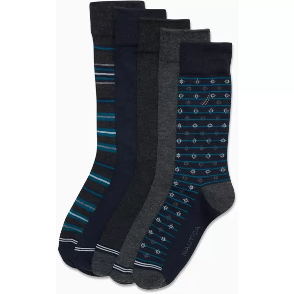 Nautica Mens Moisture Wicking Dress Socks with Stay Up Cuff 5 PackNavy Pattern