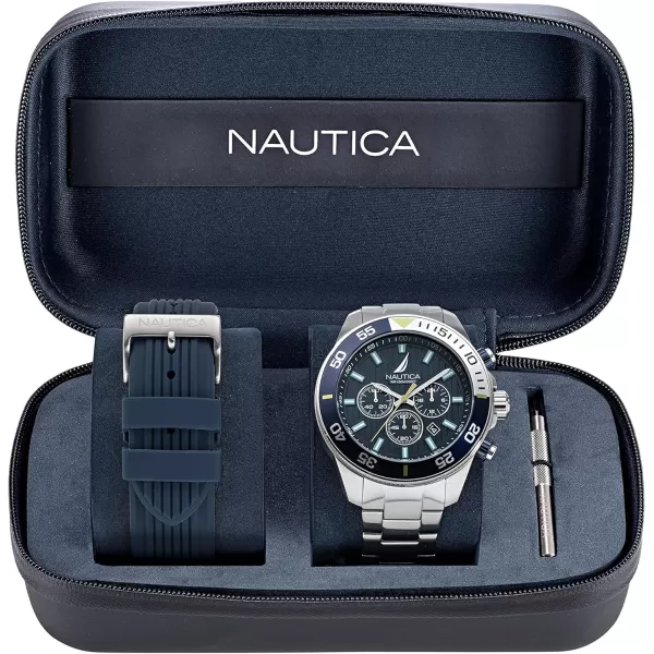 Nautica Mens NAPNOS304 One Recycled 85 Stainless Steel Bracelet amp Blue Silicone Strap WatchNautica Mens NAPNOS304 One Recycled 85 Stainless Steel Bracelet amp Blue Silicone Strap Watch