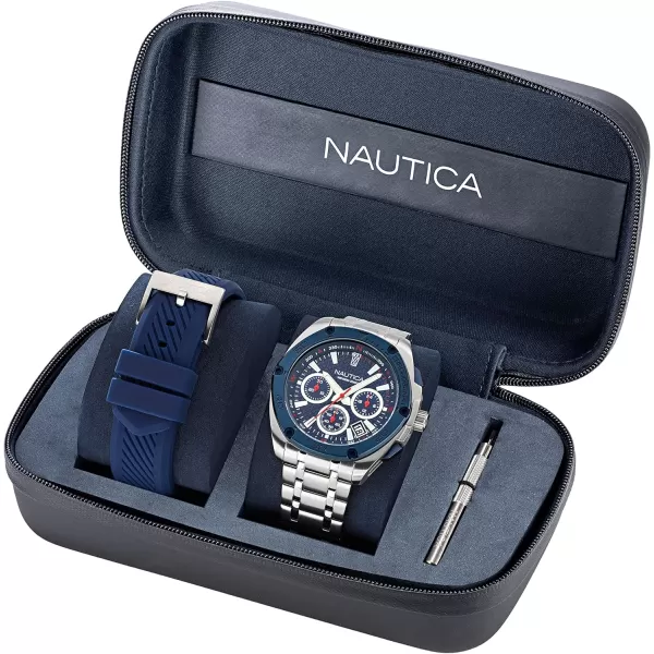 Nautica Mens NAPTCS304 Tin Can Bay Recycled 85 Stainless Steel Bracelet amp Blue Silicone Strap WatchNautica Mens NAPTCS304 Tin Can Bay Recycled 85 Stainless Steel Bracelet amp Blue Silicone Strap Watch