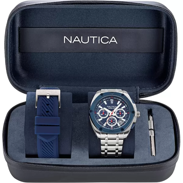 Nautica Mens NAPTCS304 Tin Can Bay Recycled 85 Stainless Steel Bracelet amp Blue Silicone Strap WatchNautica Mens NAPTCS304 Tin Can Bay Recycled 85 Stainless Steel Bracelet amp Blue Silicone Strap Watch