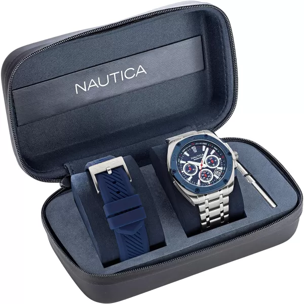 Nautica Mens NAPTCS304 Tin Can Bay Recycled 85 Stainless Steel Bracelet amp Blue Silicone Strap WatchNautica Mens NAPTCS304 Tin Can Bay Recycled 85 Stainless Steel Bracelet amp Blue Silicone Strap Watch