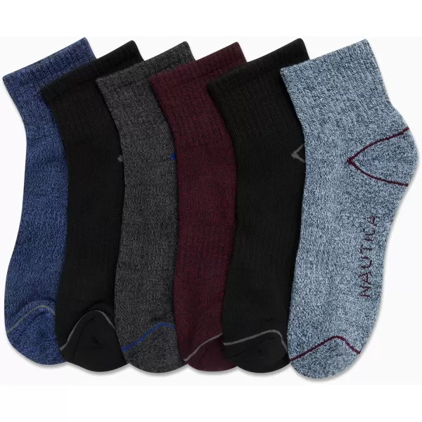 Nautica Mens Performance Quarter Socks with Cushioned Comfort 6 PackBlueBurgundyBlack