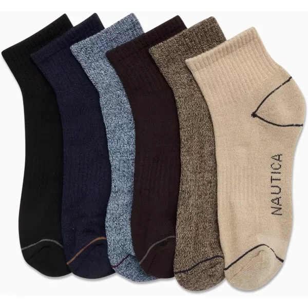 Nautica Mens Performance Quarter Socks with Cushioned Comfort 6 PackBrownNavyBlack