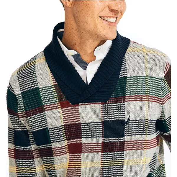 Nautica Mens Plaid Jacquard ShawlNeck SweaterNavy