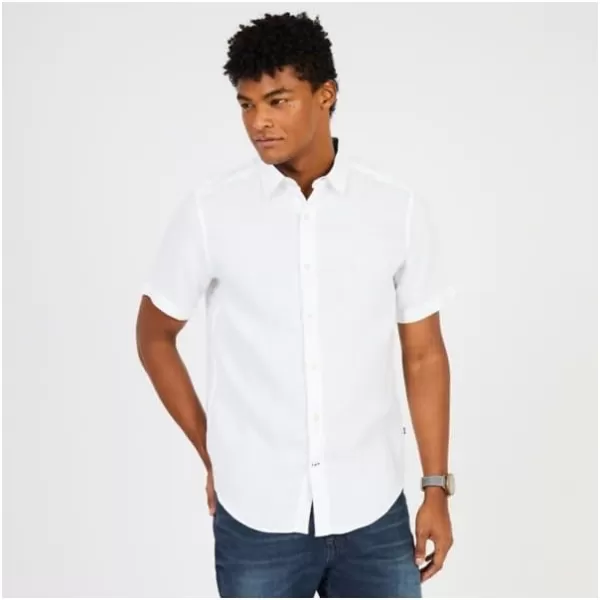 Nautica Mens Short Sleeve Classic Fit Solid Linen Button Down ShirtBright White