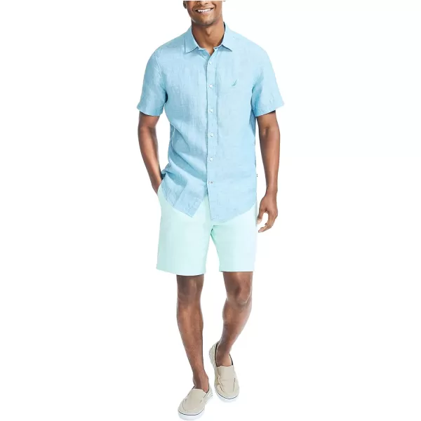 Nautica Mens Short Sleeve Classic Fit Solid Linen Button Down ShirtClear Skies Blue