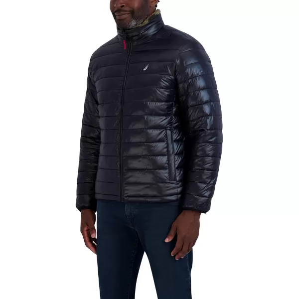 Nautica Mens Water Resistant Jacket Long Sleeve Zip Up Sherpa Lined Quilted Stretch CoatBlack Camo