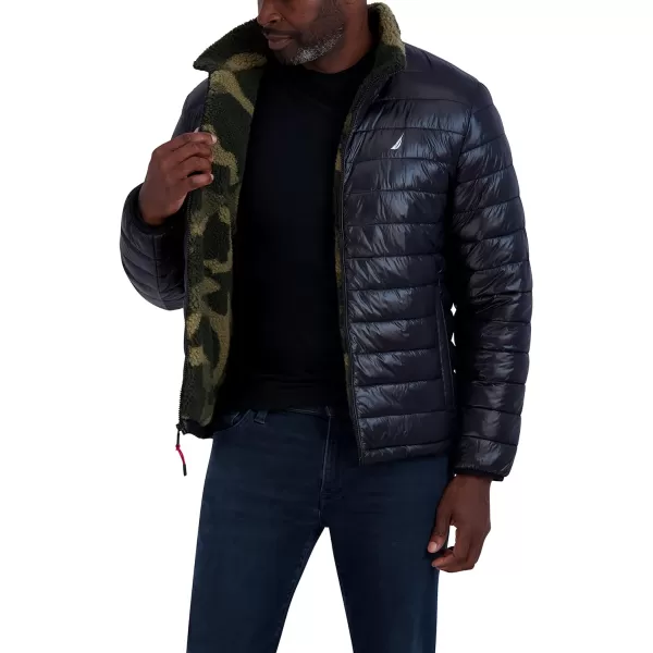 Nautica Mens Water Resistant Jacket Long Sleeve Zip Up Sherpa Lined Quilted Stretch CoatBlack Camo