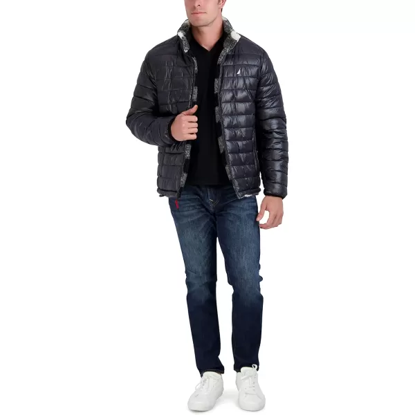 Nautica Mens Water Resistant Jacket Long Sleeve Zip Up Sherpa Lined Quilted Stretch CoatBlackWhite