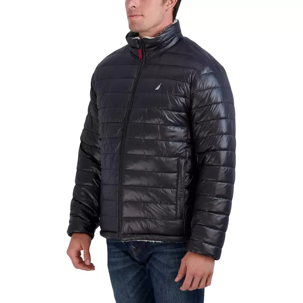 Nautica Mens Water Resistant Jacket Long Sleeve Zip Up Sherpa Lined Quilted Stretch CoatBlackWhite