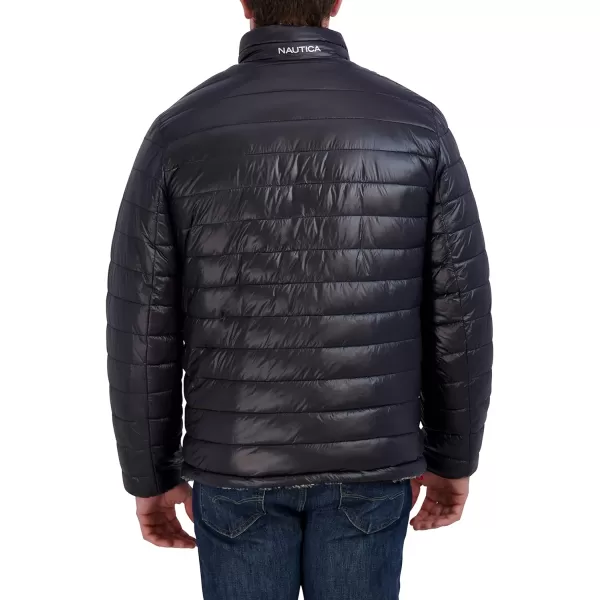 Nautica Mens Water Resistant Jacket Long Sleeve Zip Up Sherpa Lined Quilted Stretch CoatBlackWhite