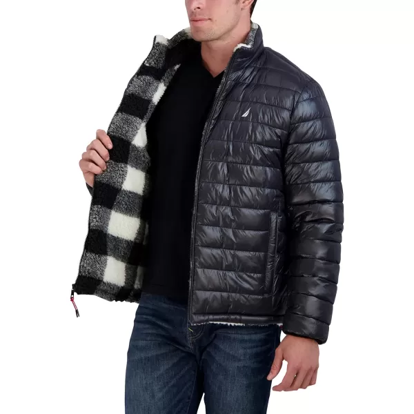Nautica Mens Water Resistant Jacket Long Sleeve Zip Up Sherpa Lined Quilted Stretch CoatBlackWhite