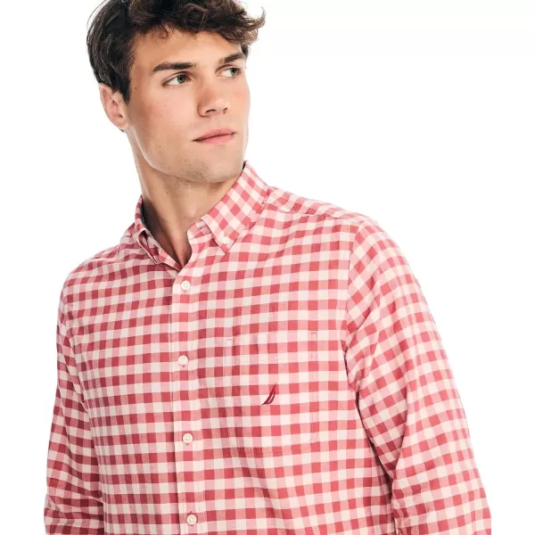 Nautica Mens Wrinkle Resistant Long Sleeve Button Front ShirtLarge Checkered Coral