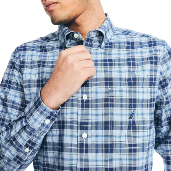 Nautica Mens Wrinkle Resistant Long Sleeve Button Front ShirtPlaid Petrol Blue