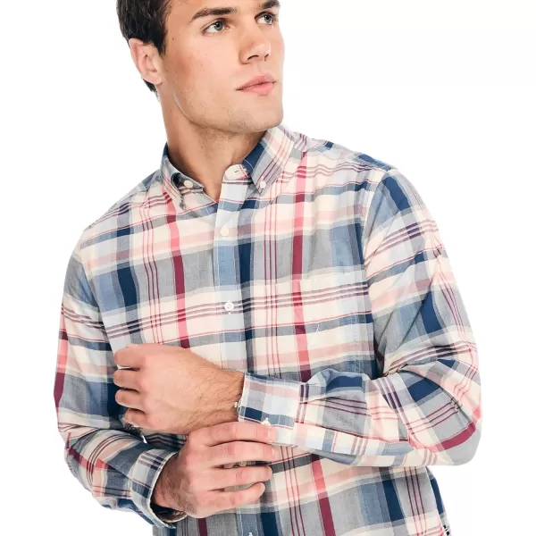 Nautica Mens Wrinkle Resistant Long Sleeve Button Front ShirtPlaid TanRedBlue