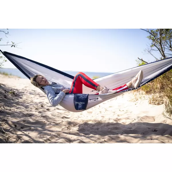 Nautica Portable Camping Hammock 12Person Kids or Adults with Straps Caribiners amp Bag for TravelBackpackingHikingBackyardLawn Sugar SwizzleMaritime Blue LargeMaritime BlueHigh Rise Grey Large