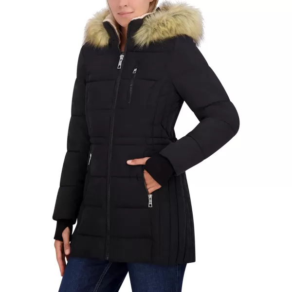 Nautica Womens 34 Microfiber Puffer Jacket with Faux Fur HoodBlack