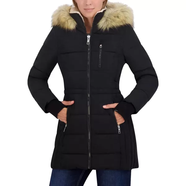 Nautica Womens 34 Microfiber Puffer Jacket with Faux Fur HoodBlack