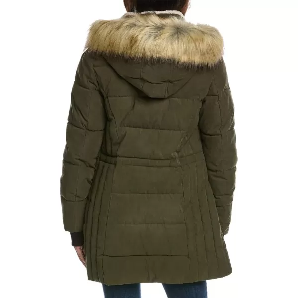 Nautica Womens 34 Microfiber Puffer Jacket with Faux Fur HoodOlive