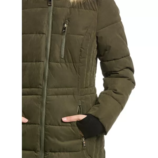 Nautica Womens 34 Microfiber Puffer Jacket with Faux Fur HoodOlive