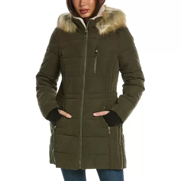 Nautica Womens 34 Microfiber Puffer Jacket with Faux Fur HoodOlive