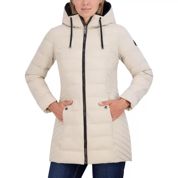 Nautica Womens 34 Stretch Puffer Jacket with Fur Hood and Half BackBeige