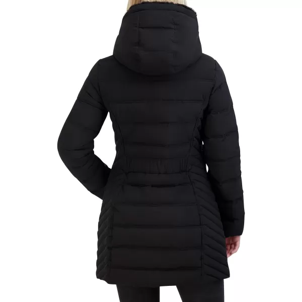 Nautica Womens 34 Stretch Puffer Jacket with Fur Hood and Half BackBlack