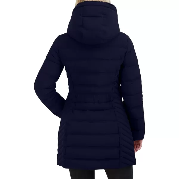 Nautica Womens 34 Stretch Puffer Jacket with Fur Hood and Half BackBlue