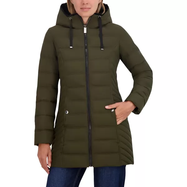 Nautica Womens 34 Stretch Puffer Jacket with Fur Hood and Half BackGreen