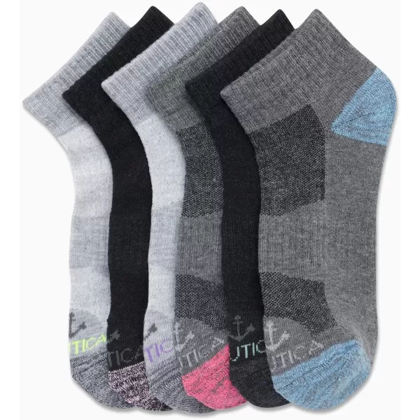 Nautica Womens Comfort Cushioned Quarter Cut Moisture Control Athletic Socks 6 PackGreyBlack