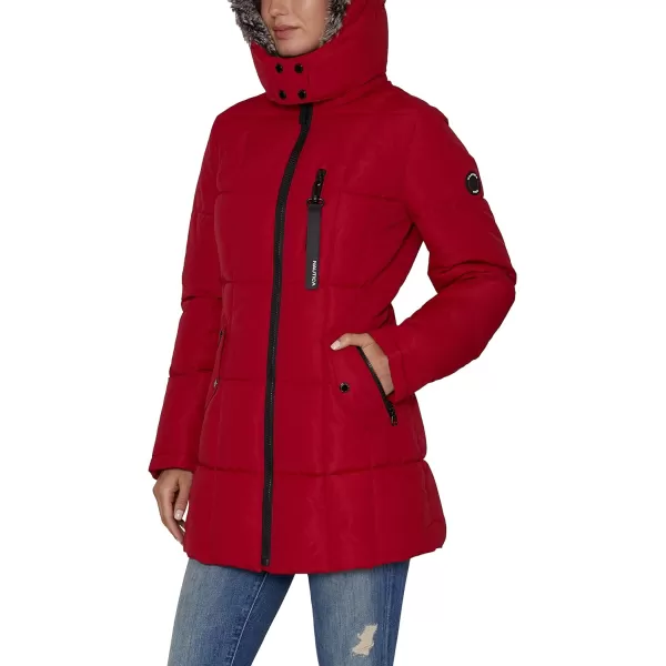 Nautica Womens Heavyweight Puffer Jacket with Faux Fur Lined HoodNautica Red