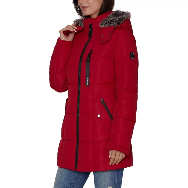 Nautica Womens Heavyweight Puffer Jacket with Faux Fur Lined HoodNautica Red