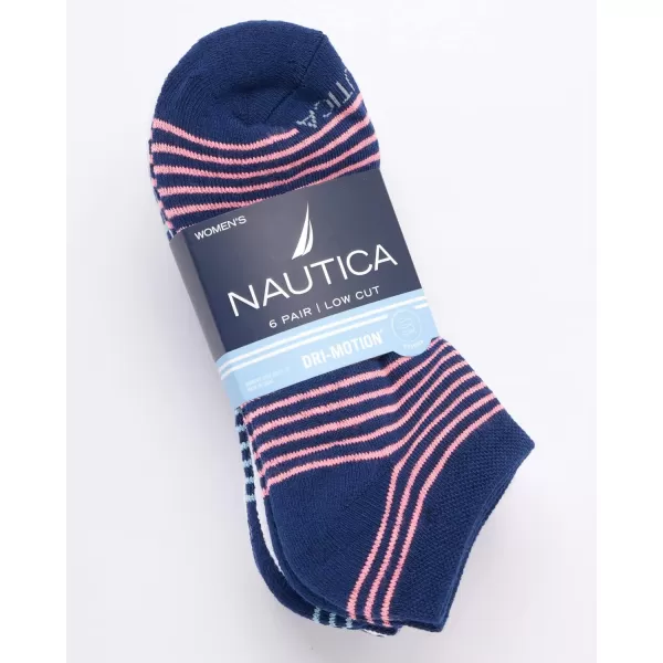 Nautica Womens Low Cut Cushioned Moisture Control Athletic Socks 6 PackWhiteNavy Stripes