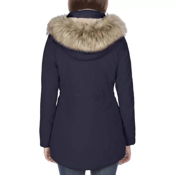 Nautica Womens Microfiber Parka Anorak Jacket with Faux Fur Hooded TrimNavy Seas