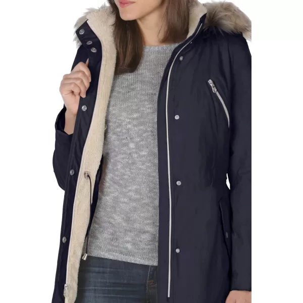 Nautica Womens Microfiber Parka Anorak Jacket with Faux Fur Hooded TrimNavy Seas