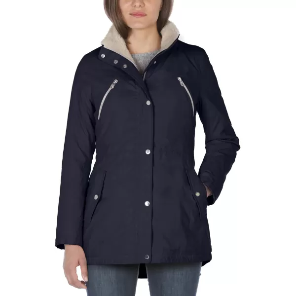 Nautica Womens Microfiber Parka Anorak Jacket with Faux Fur Hooded TrimNavy Seas